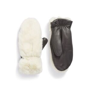 Open Edit Faux Fur & Leather Mittens Ivory